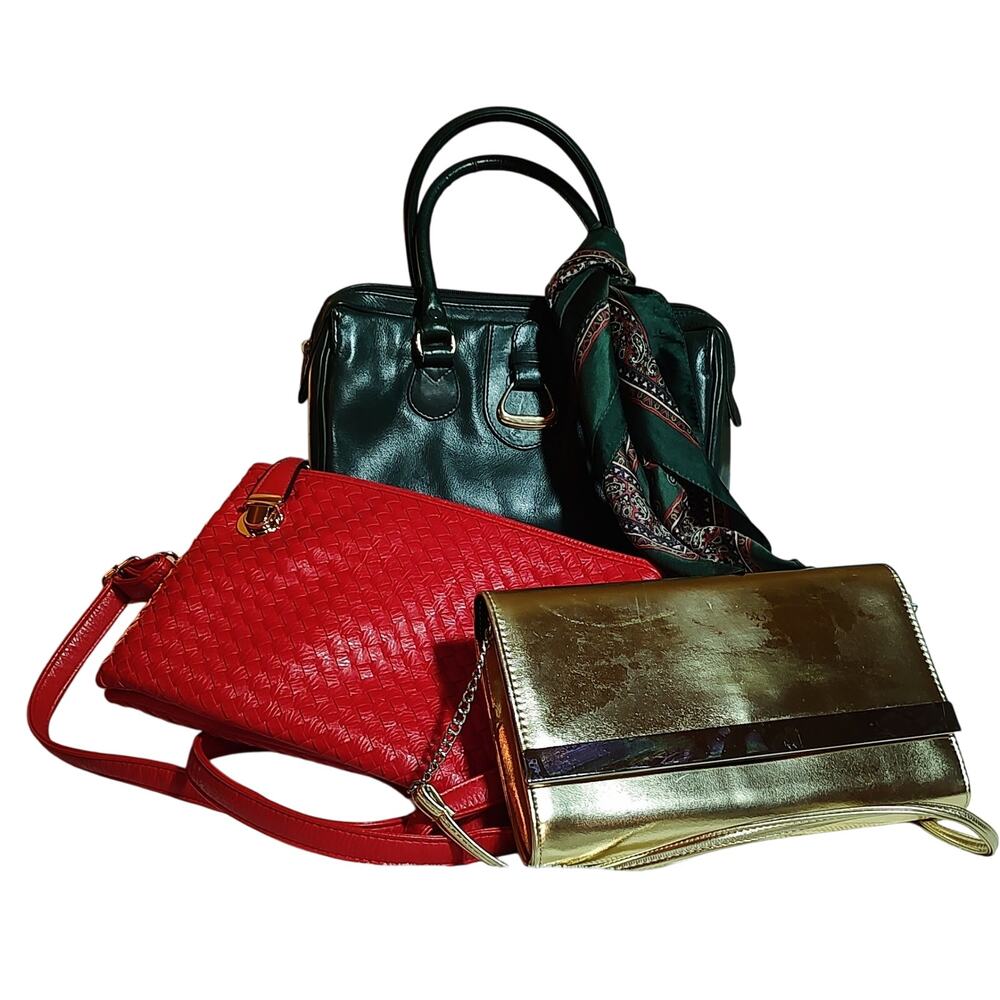 Christmas Colors Lot of 3 Purses: Red Crossbody, Green Satchel, Gold Evening Bag